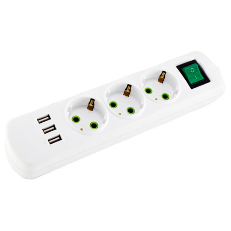 Колодка на 3 гнезда Lezard «Letiti» (721-0300-302U) с/з с кнопкой и USB разъемом
