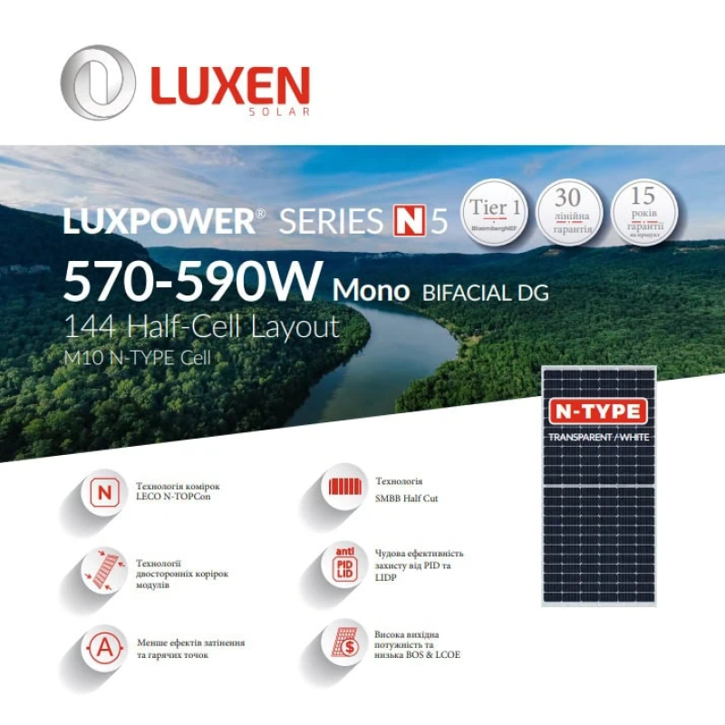 Солнечная панель Luxen LNVU-580ND Bifacial 42V 13А 580Вт