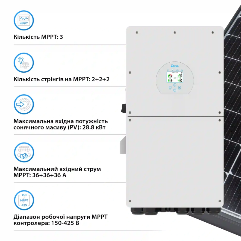 Гібридний інвертор Deye SUN-18K-SG01LP1-EU-AM3-P 18kW 48V 3 MPPT Wi-Fi 220V Однофазний