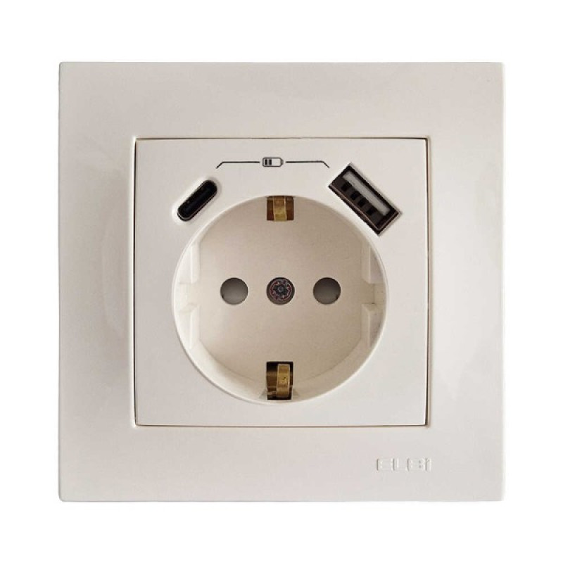 Розетка ELBI ZENA белая 1-я с заземлением + 2USB ( Type C+A ) без рамки ( 609-010200-334 )