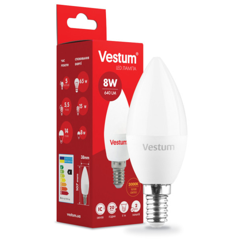 Светодиодная лампа Vestum 1-VS-1312 C37 8Вт 3000K E14