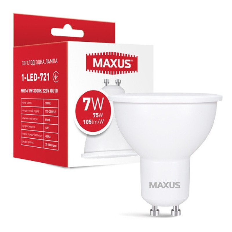 Светодиодная лампа Maxus MR16 GU10 7Вт 3000K 220В (1-LED-721)