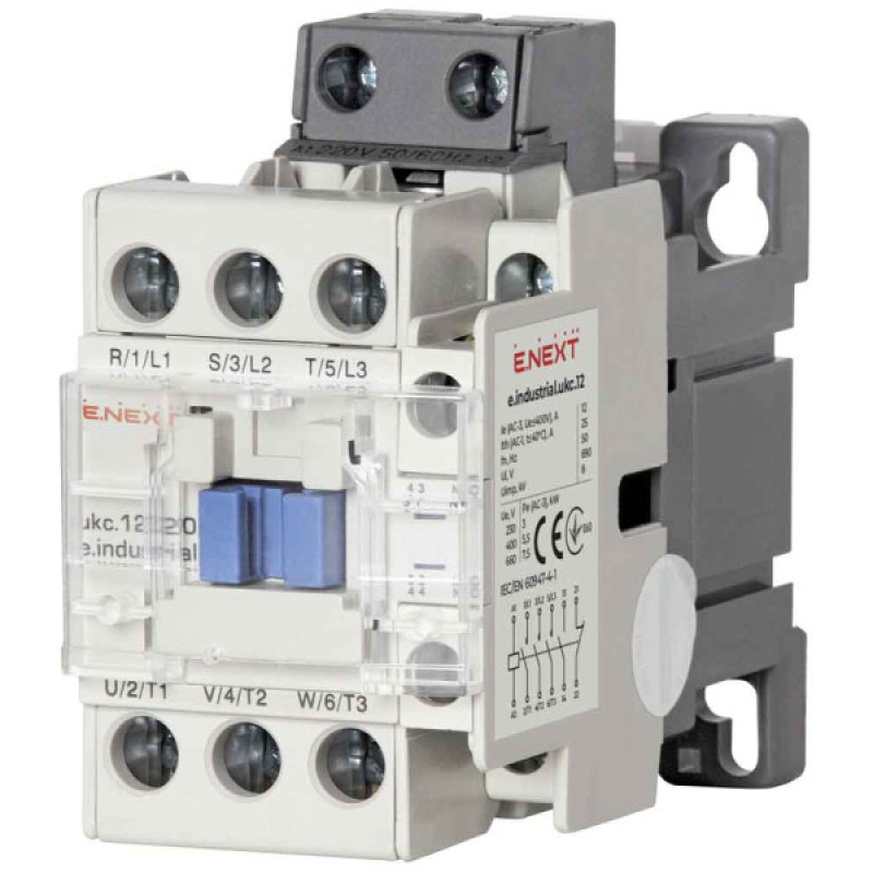 Контактор e.industrial.ukc.12.220, 12А, 220В, no+nc E-Next