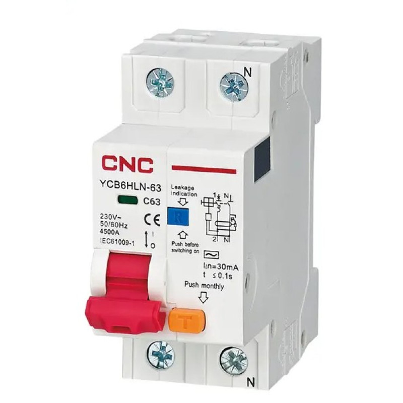 Диференційний вимикач CNC YCB6HLN-63 16А 1Р+N 4,5кА 30мА (Б00035326)