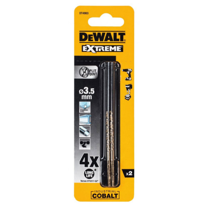 Кобальтовые сверла по металлу DeWALT DT4903 Extreme Industrial cobalt HSS-CO 3,5х70/39мм (2шт)