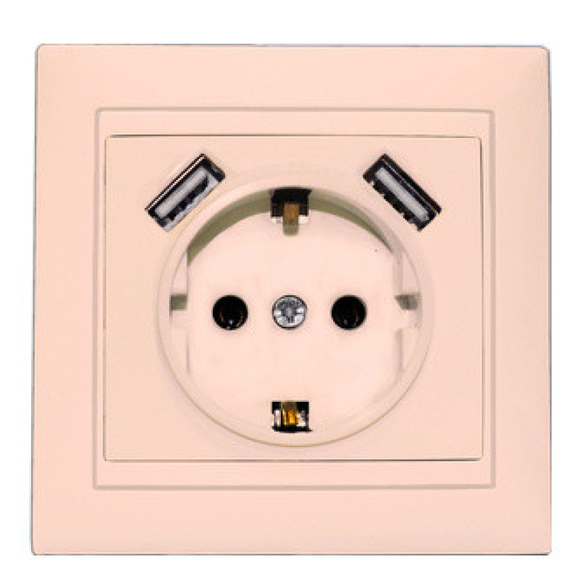 Розетка Elcor Emily 9215 (211595) із заземленням з 2 USB (кремовий)