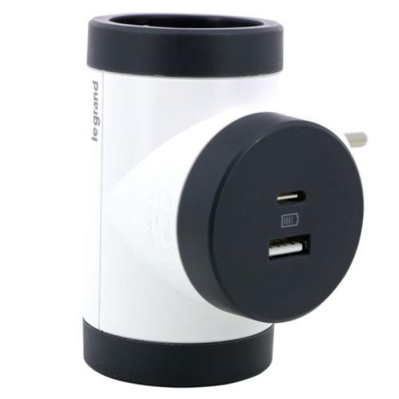 Поворотный блок «премиум» на 3 боковые розетки Legrand с USB A+C белый/черный