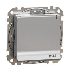 Розетка Schneider Electric Sedna Design & Elements с заземлением шторками и крышкой IP44 алюминий SDD213024