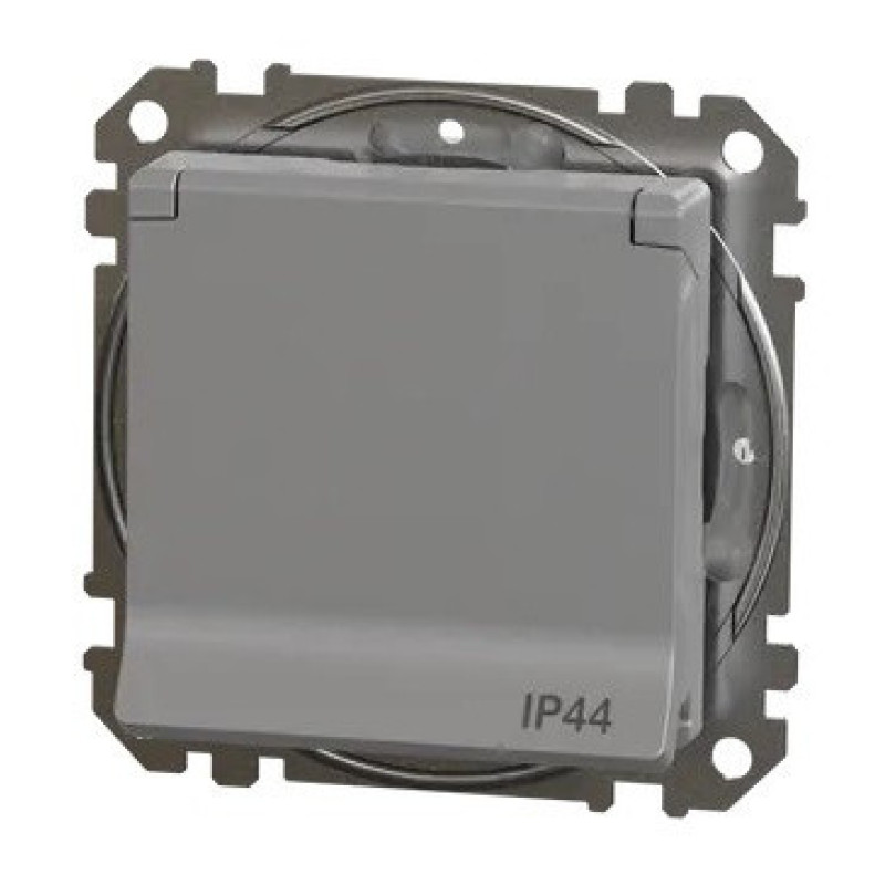 Розетка Schneider Electric Sedna Design & Elements с заземлением шторками и крышкой IP44 алюминий SDD213024