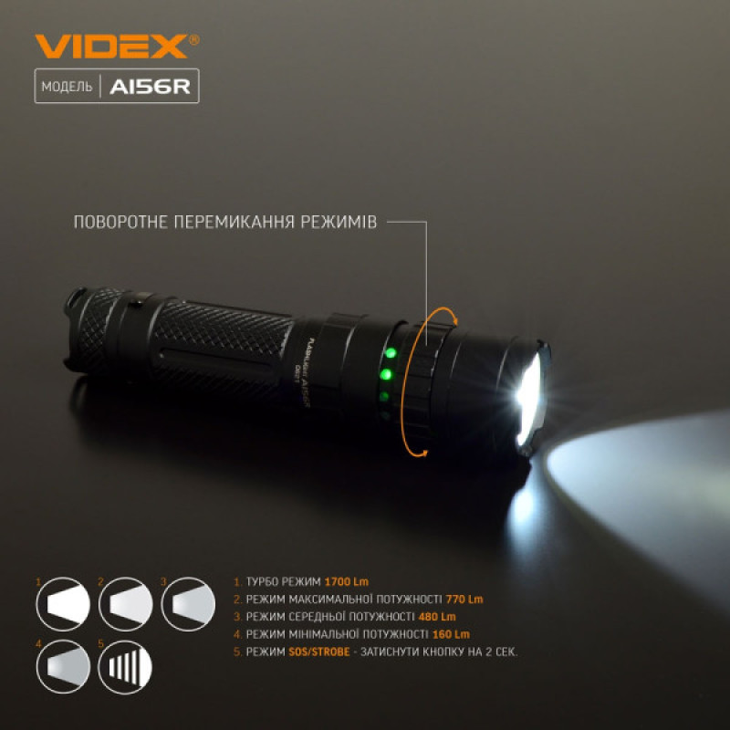 Светодиодный портативный фонарик Videx 1700Лм 6500K (VLF-A156R)