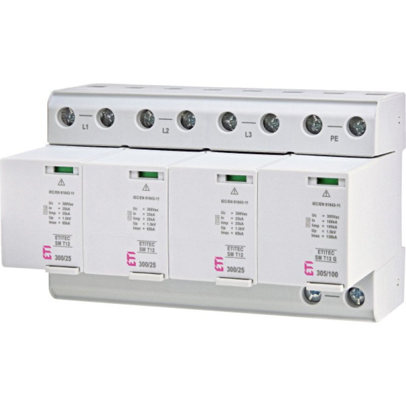 Обмежувач перенапруги ETI 002440562 ETITEC SM T12 300/25 (3+1 8p TT TN-S)