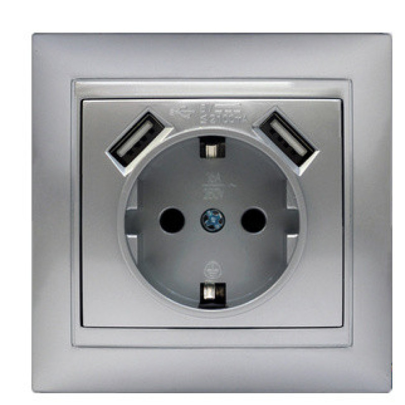 Розетка Elcor Emily 9215 (211596) с заземлением с 2 USB (серый металлик)