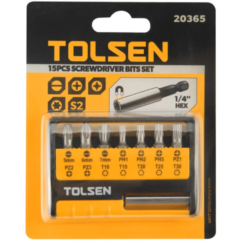 Комплект бит с магнитным держателем Tolsen (20365) SL-PH-PX-Tx25мм (15шт)