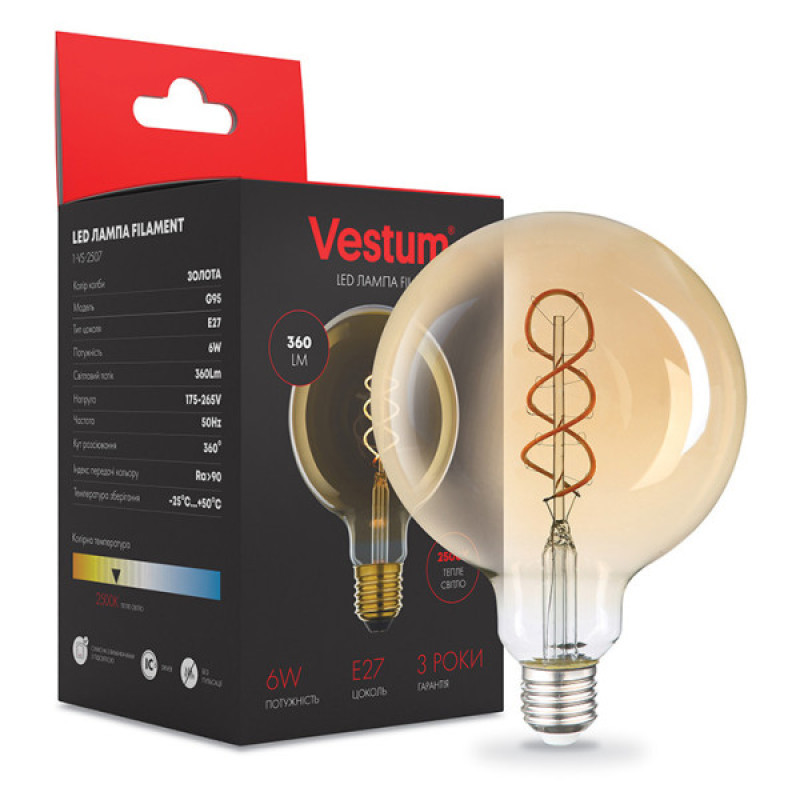 Филаментная лампа Vestum 1-VS-2507 «винтаж» Golden Twist G95 6Вт 2500K E27