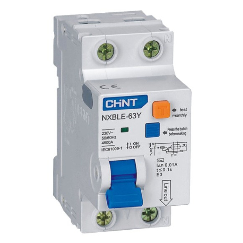 Диференційний вимикач Chint NXBLE-63Y 1P+N C10 30мА AC 4,5кА (105541)