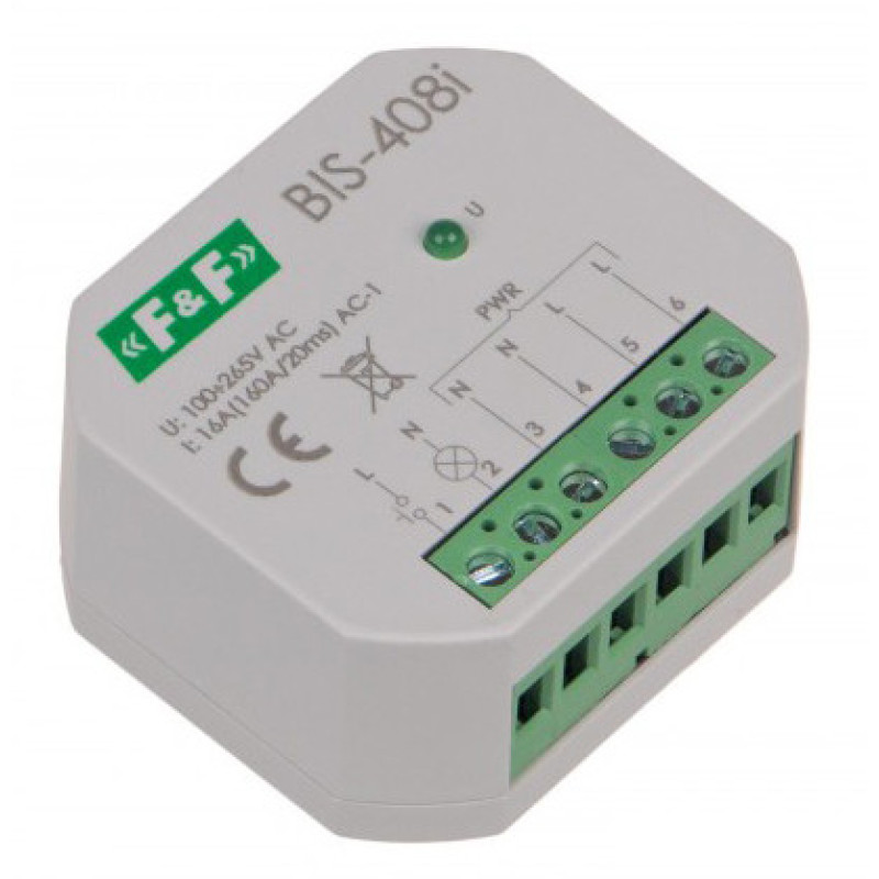 Бистабильное реле F&F BIS-408LED 165-265В AC 16А (защита от пускового тока)