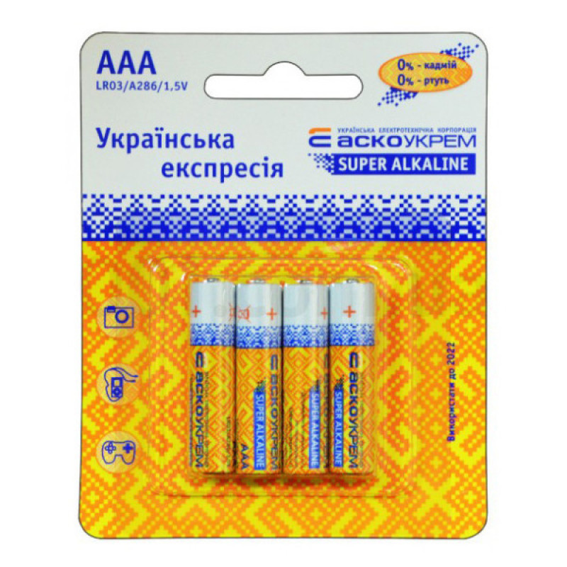 Батарейка лужна Аско-Укрем AАА.LR03.SP4 (блістер 4шт)
