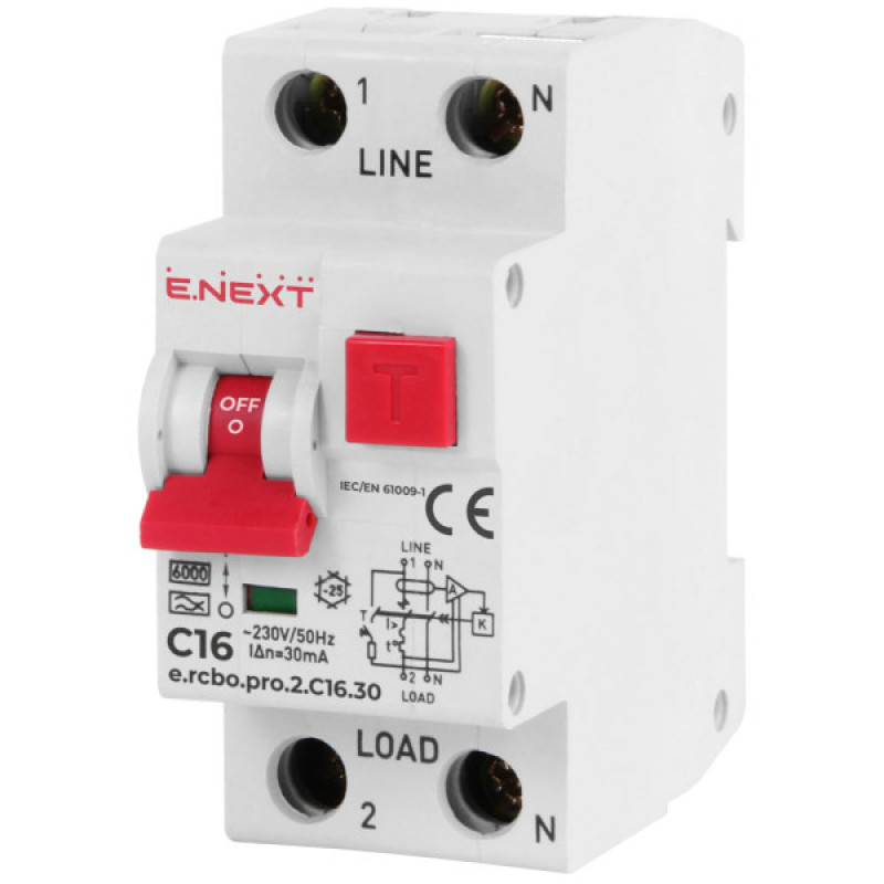 Вимикач диференційного струму E.Next e.rcbo.pro.2.C16.30 1P+N 16А С тип А 30мА (p0720009)
