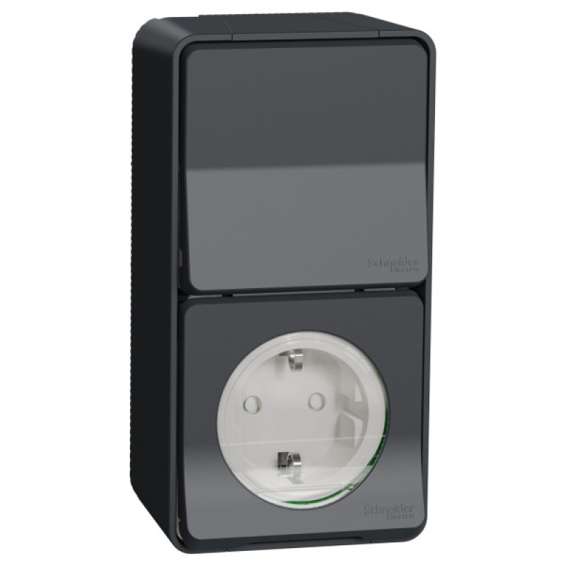 Накладний блок вимикач+розетка Schneider Electric MUR36024 із з/к IP55 (чорний)
