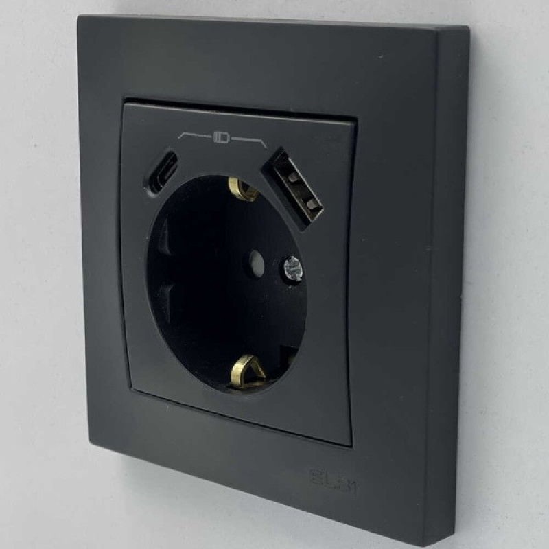 Розетка EL-BI VEGA черный мат 1-я с заземлением + 2USB (Type C+A) 2A ( 510-014800-334 )
