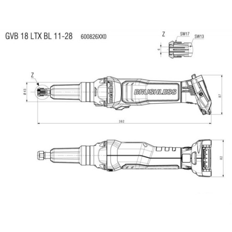 Аккумуляторная прямошлифмашина Metabo GVB 18 LTX BL 11-28 с регулировкой оборотов с быстрым тормозом и бесщеточным двигателем (600826850)