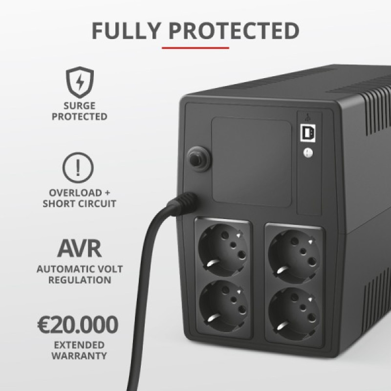 Бесперебойник Trust 23504_TRUST Paxxon 1000VA UPS with 4 standard wall power outlets BLACK (черный)