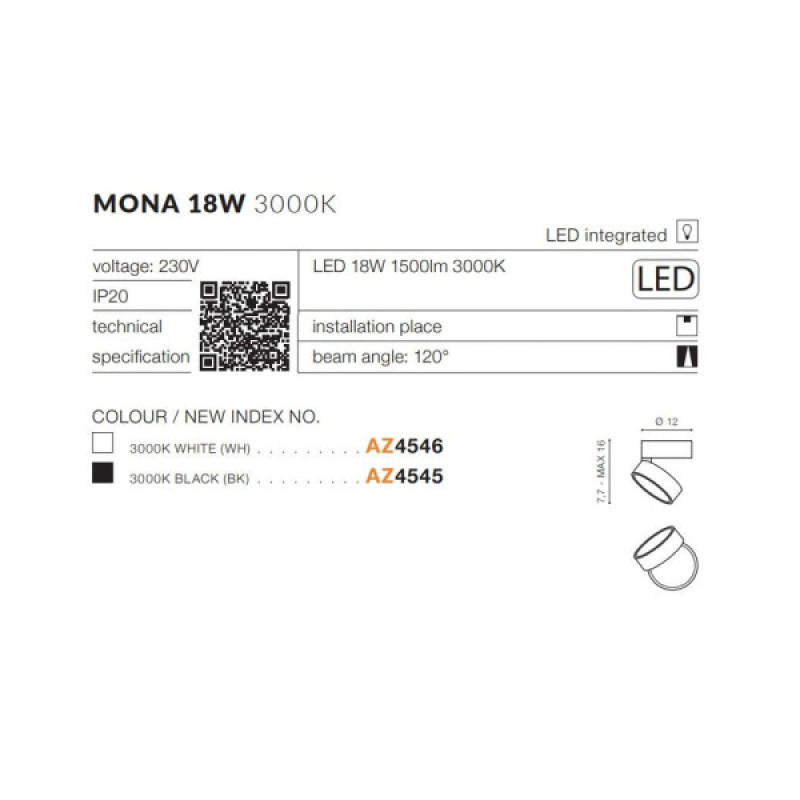 Точечный светильник AZzardo AZ4546 Mona 18w 3000k Wh