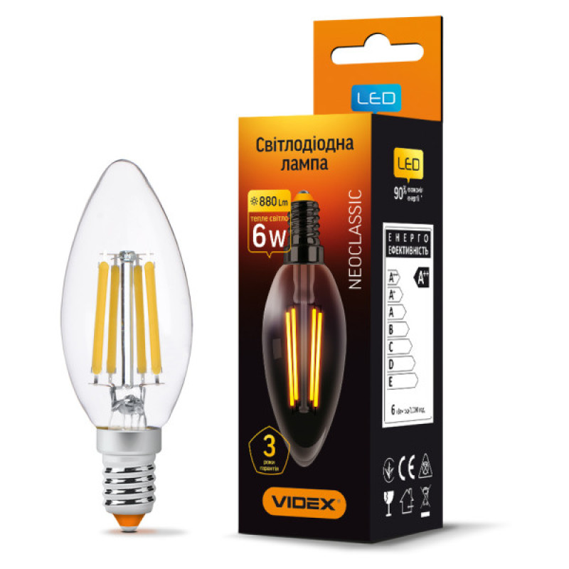 Светодиодная филаментная лампа Videx Filament C37F E14 6Вт 3000K (VL-C37F-06143)