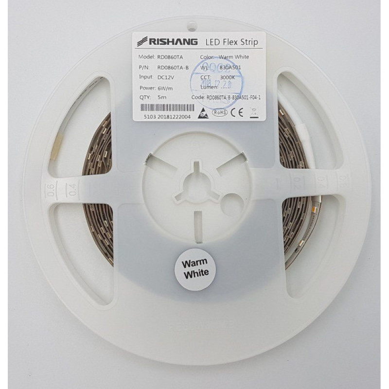 LED лента RISHANG 60-2835-12V-IP20 4.8W 535Lm 6000K 5м (RD0860TA-B-PW)