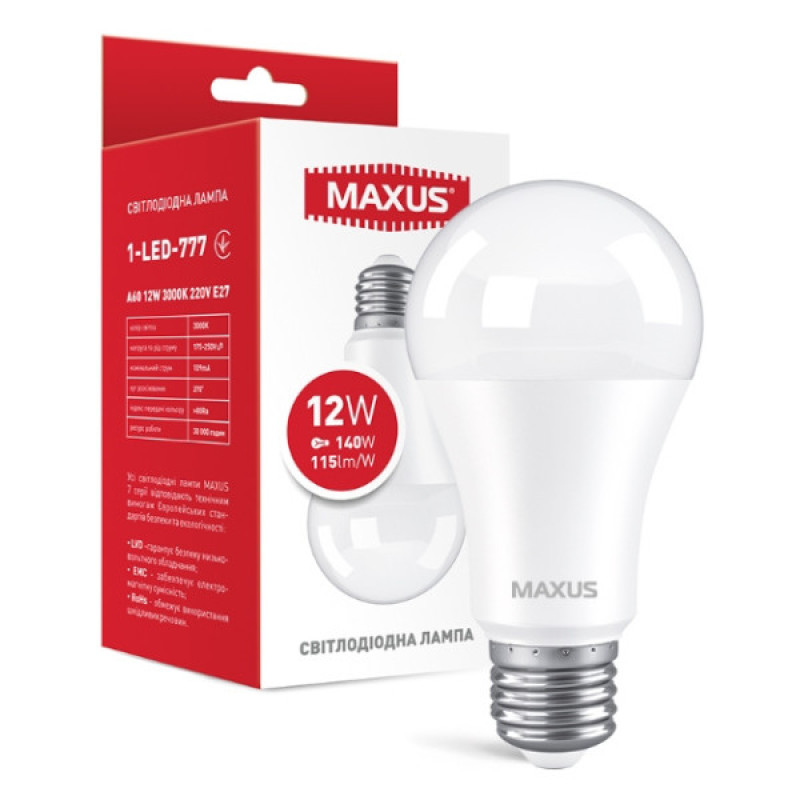 Светодиодная лампа груша Maxus A60 12Вт 4100K 220В E27 (1-LED-778)