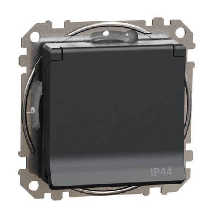 Розетка Schneider Electric Sedna Design & Elements с заземлением шторками и крышкой IP44 черная SDD214024