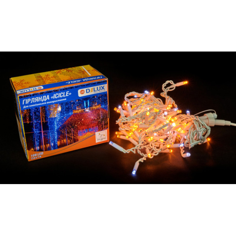 Белая уличная LED гирлянда Delux EN ICICLE 108LED (90015179) 2x1м 27 мигающих белых диодов IP44