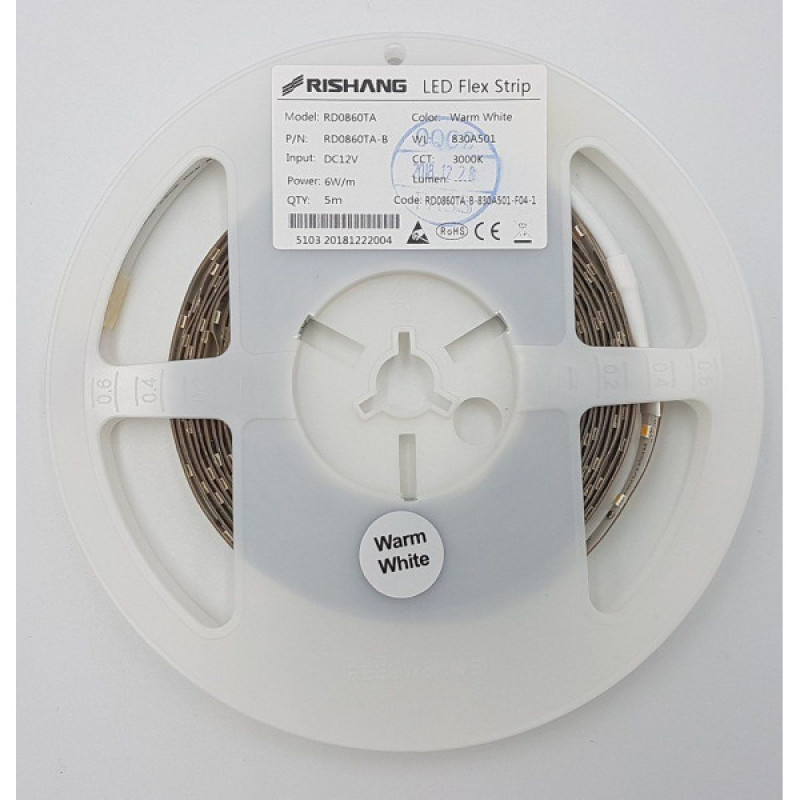 LED стрічка RISHANG 60-2835-12V-IP20 6W 535Lm 13000K 5м (RD0860TA-B-CW)