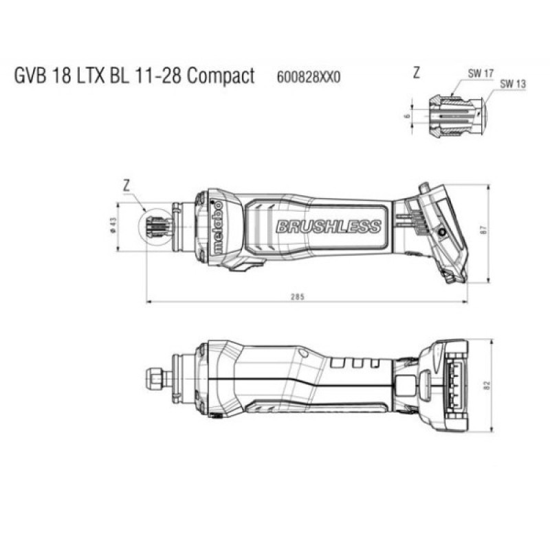 Аккумуляторная прямошлифмашина Metabo GVB 18 LTX BL 11-28 с регулировкой оборотов с быстрым тормозом и бесщеточным двигателем (600828850)