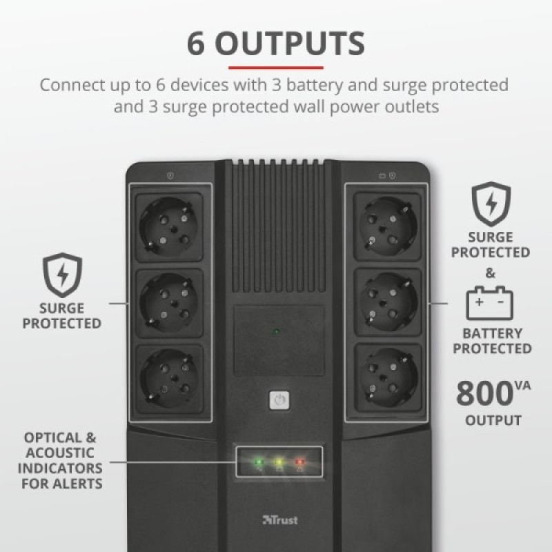 Джерело безперебійного живлення Trust 23326_TRUST Maxxon 800ВА UPS with 6 standard wall power outlets BLACK