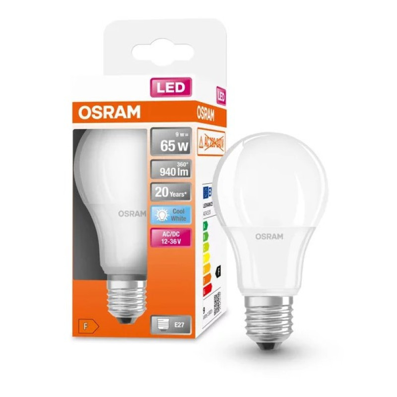 Лампа светодиодная Osram LED CL A65 9Вт/840 12-36V FR E27 6х1