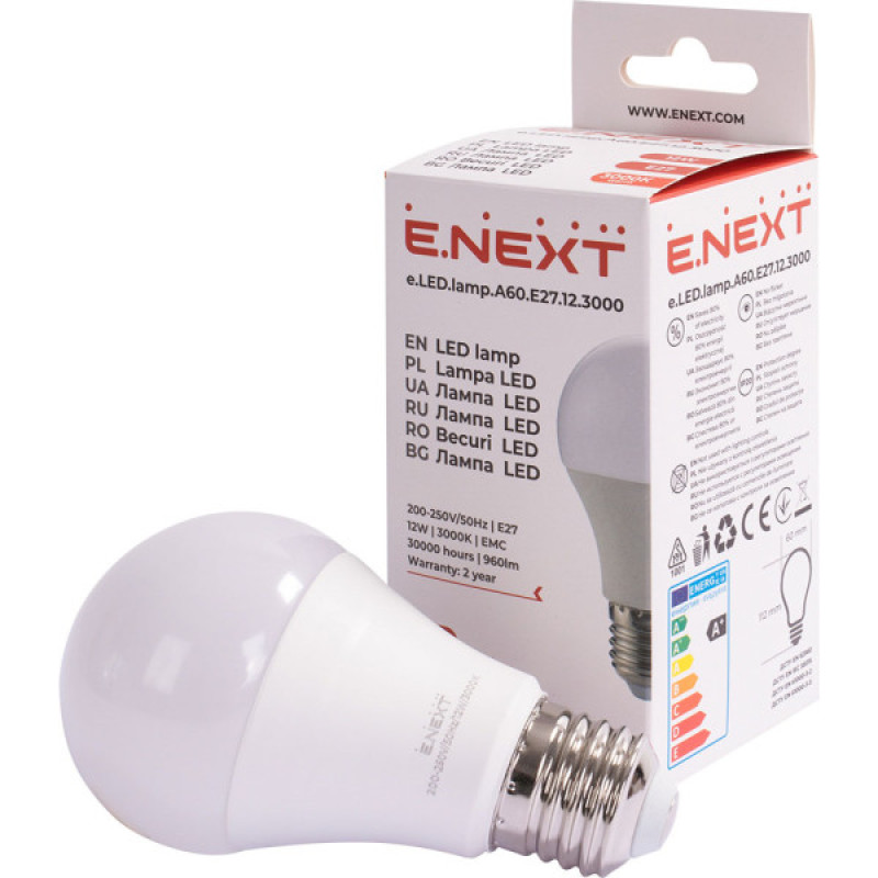 Світлодіодна лампа E.Next e.LED.lamp.A60.E27.12.3000 12Вт 3000К (l0650603)