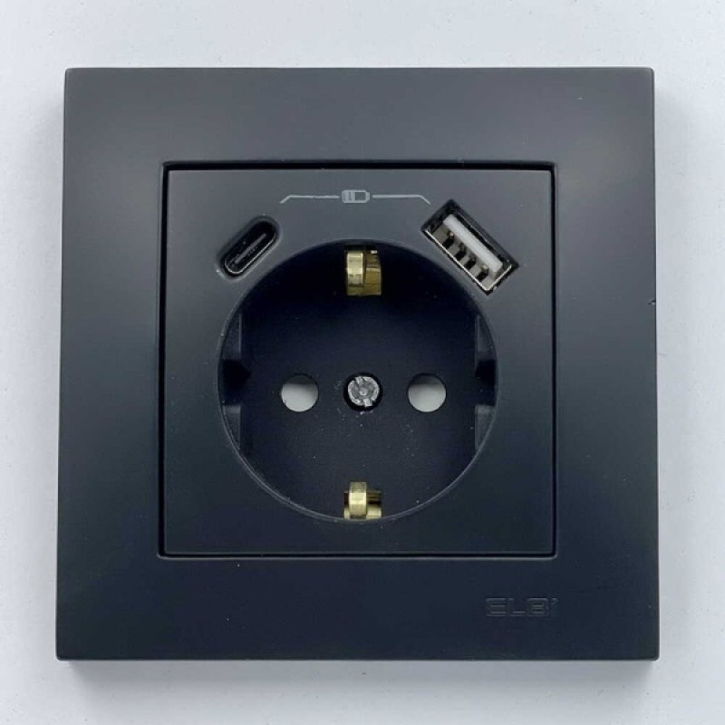 Розетка EL-BI VEGA черный мат 1-я с заземлением + 2USB (Type C+A) 3А ( 510-014800-347 )