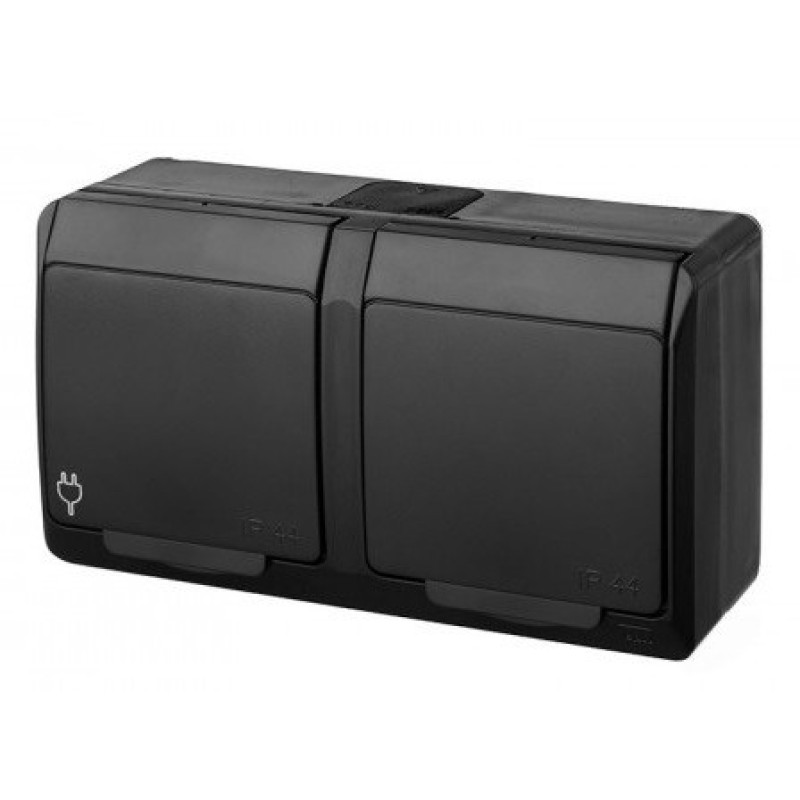 Розетка накладная 2-местная с крышкой черная Elektro-Plast Hermes IP44, 0325-09