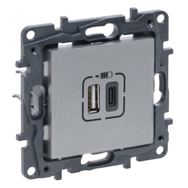 USB розетка Legrand Niloe Step А+C 12Вт+15Вт 5В алюминий (863340)