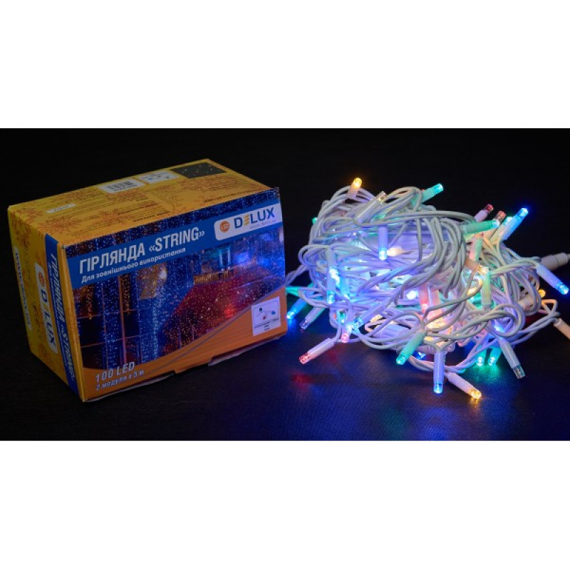 Вулична різнокольорова LED гірлянда Delux EN STRING 100LED (90012974) 10м (2х5м) 20 миготливих діодів IP44 білий шнур