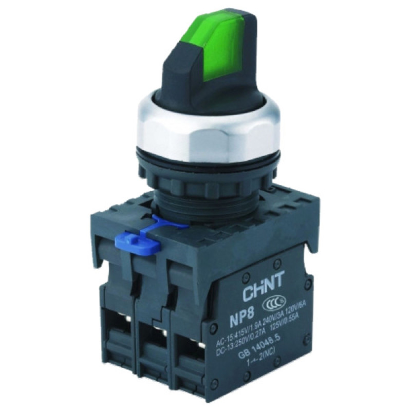 Перемикач Chint NP8-11XD/213 1NO+1NC AC 110В-230В 2 положення з підсвіткою з фіксацією зелена IP65 (667149)