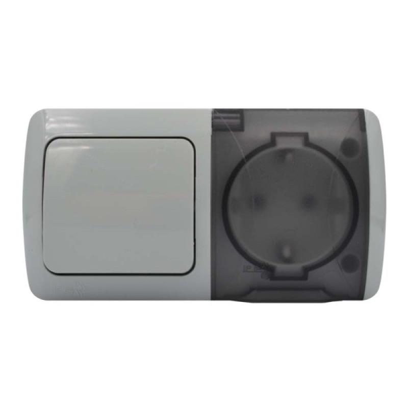 Вимикач EVA сірий 1кл + Розетка з заземленням з кришкою IP54 ( 554-011500-920 )