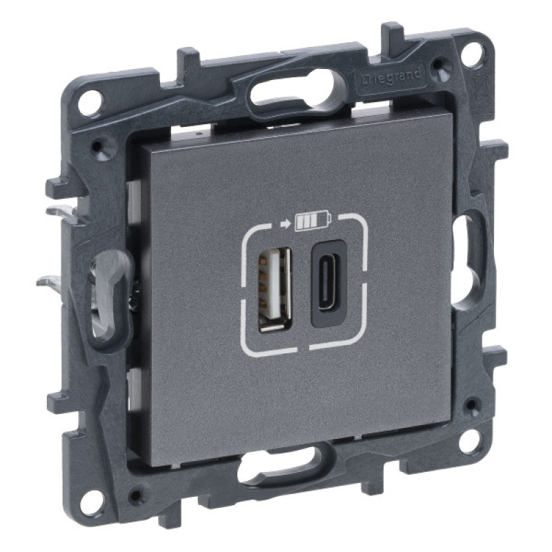 USB розетка Legrand Niloe Step А+C 12Вт+15Вт 5В сталь (863440)