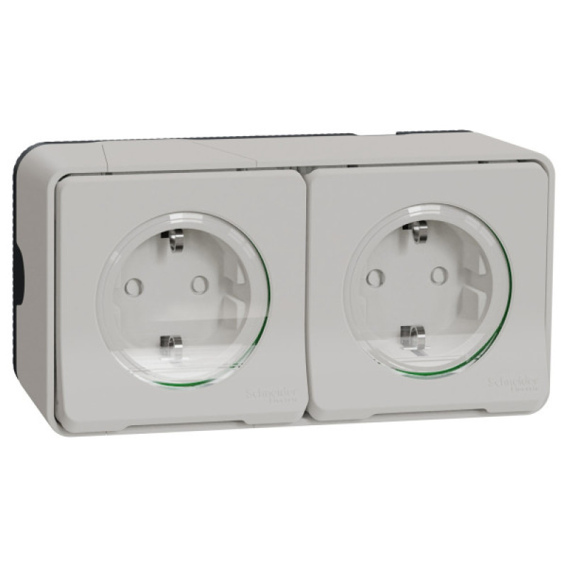 Накладна 2-місна розетка Schneider Electric MUR39035 із з/к та шторками IP55 (біла)