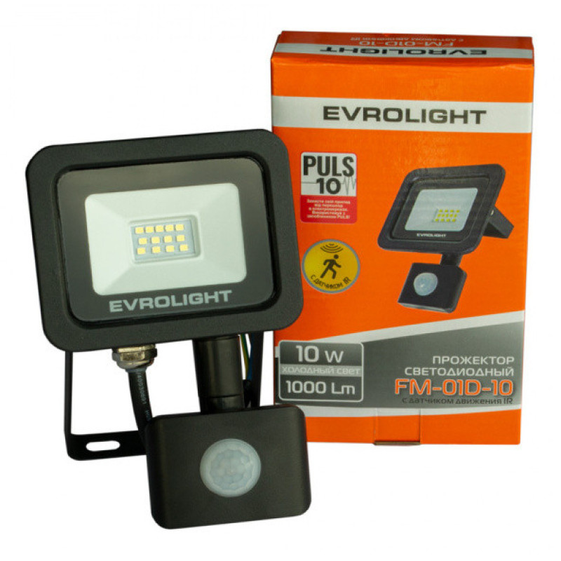 Світлодіодний прожектор Evrolight FM-01D-10 10Вт 6400К з датчиком руху (57039)