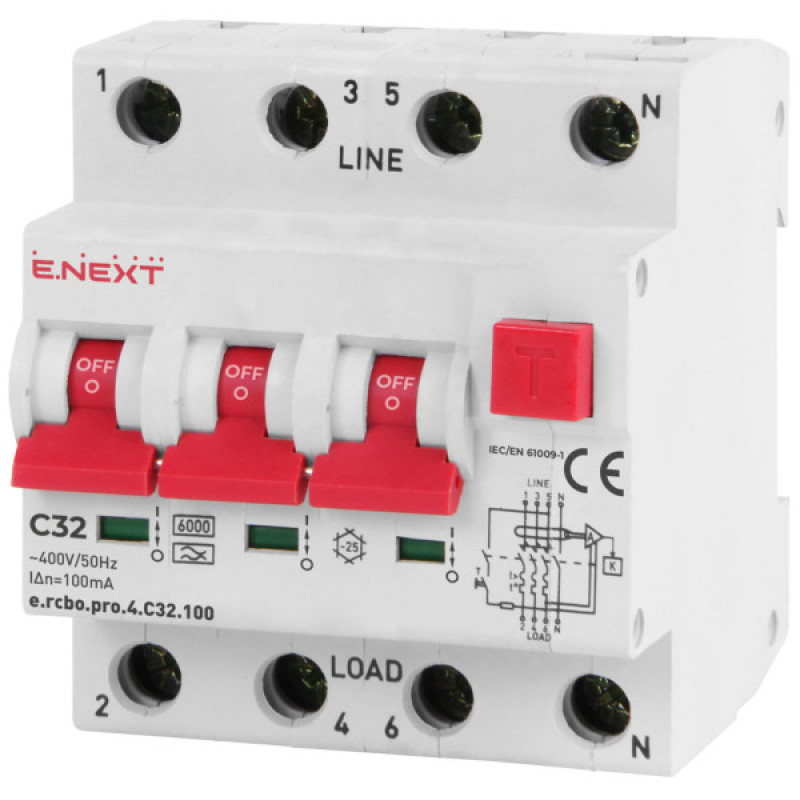 Вимикач диференційного струму E.Next e.rcbo.pro.4.C32.100 3P+N 32А С тип А 100мА (p0720023)
