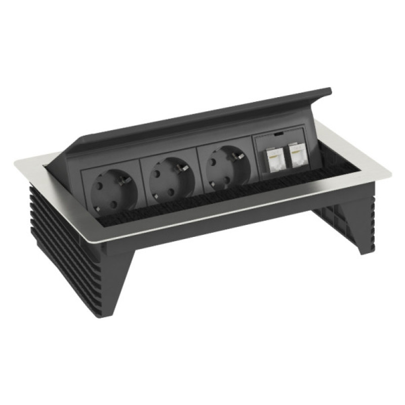 Висувний розетковий блок OBO Bettermann (6116806) з кришкою на 3 розетки 2р+E 250V AC+2 RJ45 Cat.6 кабель 3м з нержавіючої сталі